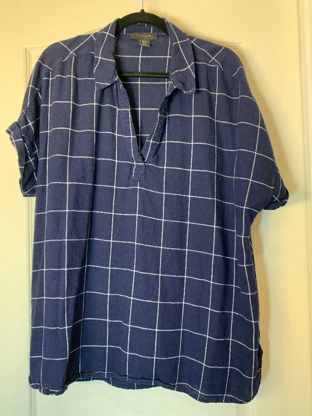 Tahari Navy Windowpane Linen Blend Blouse 1X Relaxed‎ Coastal Chic Top